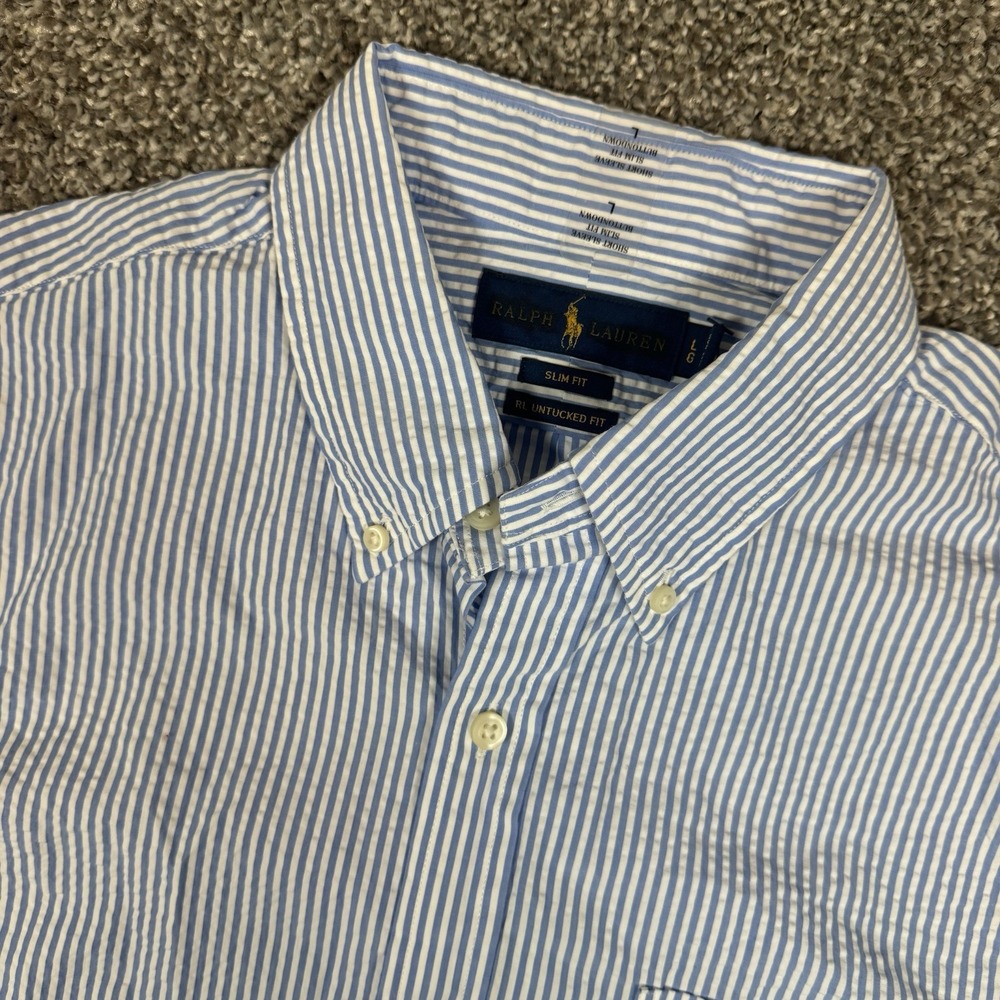 Ralph Lauren Mens Blue Stripe Seersucker Short Sleeve Button Down Shirt Size L